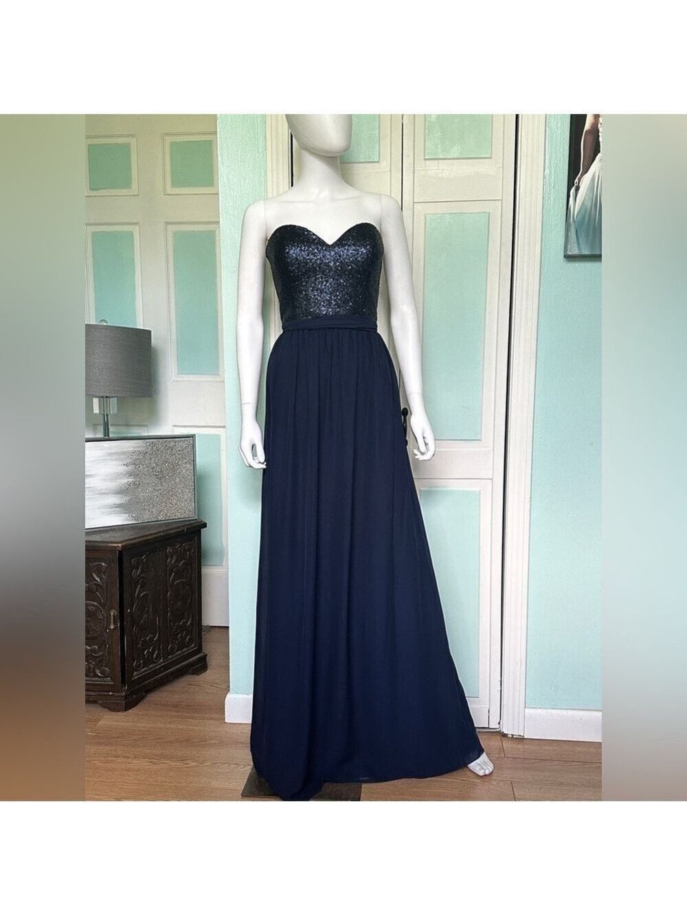 Size 10 12 Bari Jay Navy Sequin Bridesmaid Dress Mother of Bride Groom Gown